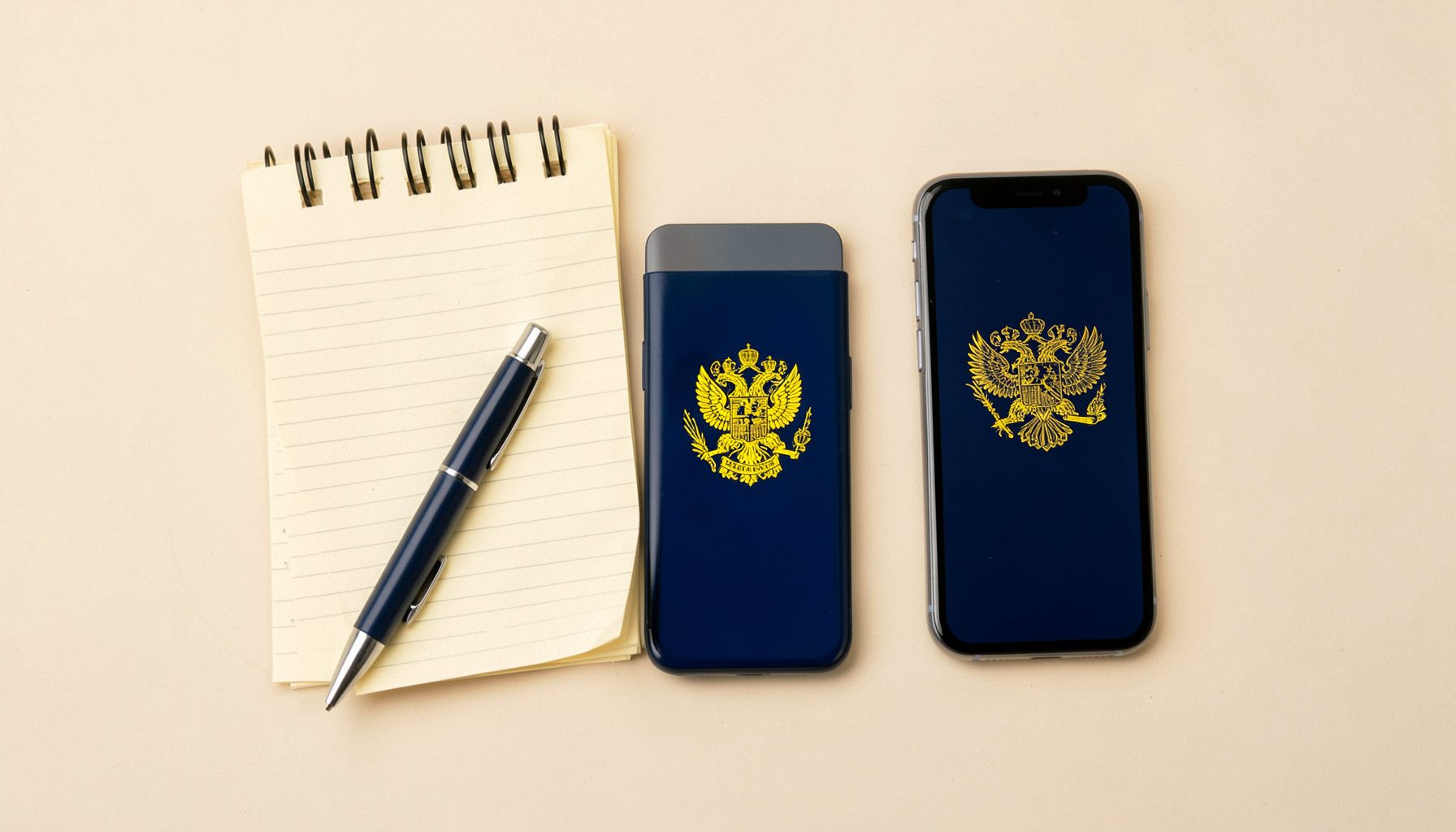 Overhead flat-lay photograph of a tidy desk with a notepad, pen, and a smartphone displaying a government emblem, in navy blue and warm cream tones