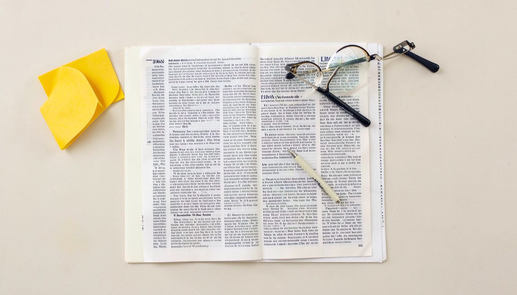Overhead flat-lay of a newspaper page with a pen and reading glasses, warm cream and navy tones, soft natural light