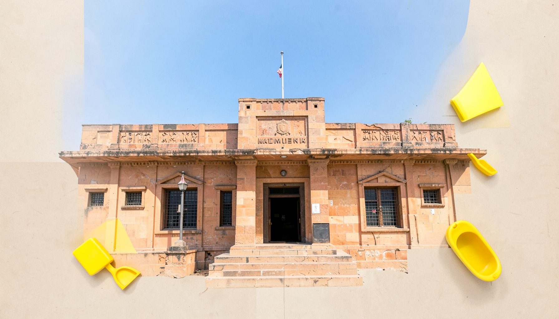 Wide-angle photograph of a government building facade in Madhya Pradesh under a bright blue sky, warm sandstone tones dominating the scene